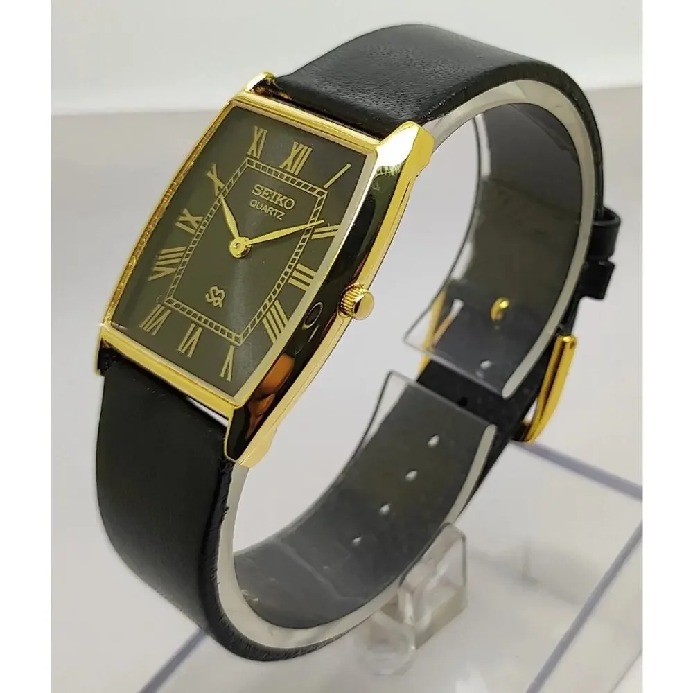 Vintage Style Seiko Quartz Mens Gold Watch & Black accents W/ Leather Strap